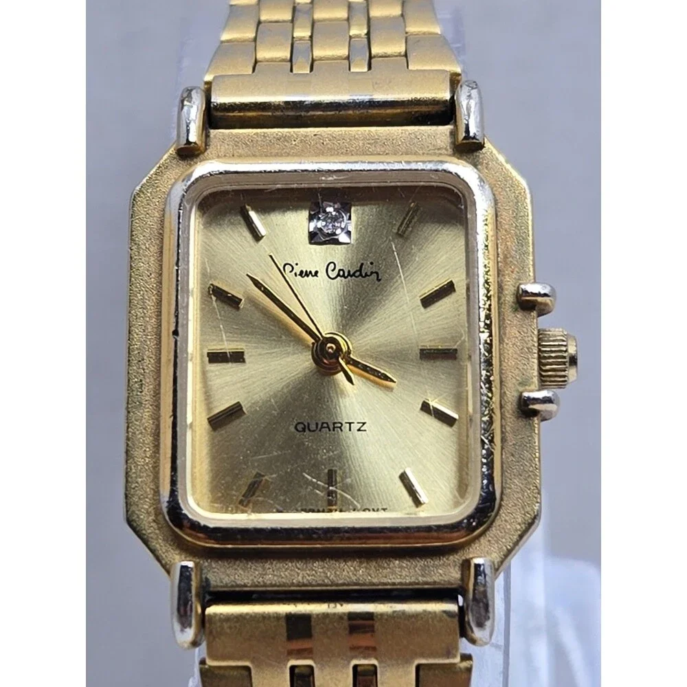 Womens Vintage Pierre Cardin Gold Tone Slim Tank Quartz Watch Dress New Battery